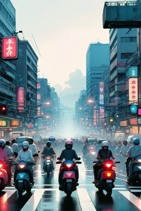 (((masterpiece))), (((best quality))), ((pedestrian hell)), ((busy street in taiwan)), vanishing point, taipei road, scooter, motorcycle, wind, trees, crowd, cityscape, shopping, storefront, signboard, building, greenery, colorful cloudy sky, flare, fog, wet, bag, sweat, parted lips, (((night, neon lights, starry sky))), <lora:twbg_pedestrianhell:0.9>