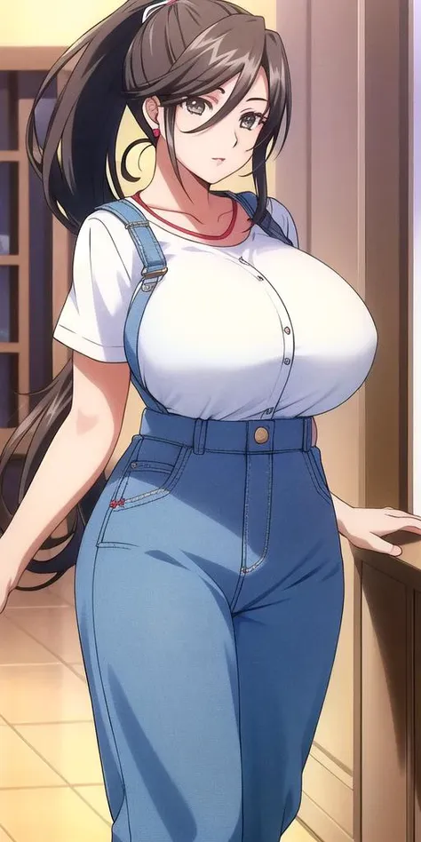 <lora:AkiraFerrariV5:0.7> akira_ferrari, huge_breasts, standing, solo, overalls, ponytail, masterpiece, best quality, detailed face, detailed eyes, highres,