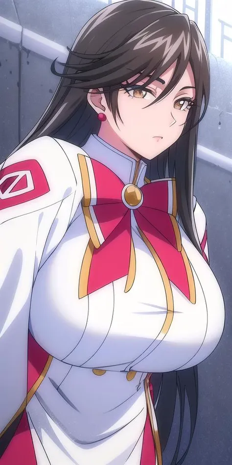 <lora:AkiraFerrariV5:0.7> akira_ferrari, huge_breasts, standing, solo, Winter_Himeya_company_uniform_White_long_dress_White_capelet_Red_bowtie_Long_sleeves_high_collar_Side_slit, masterpiece, best quality, detailed face, detailed eyes, highres,