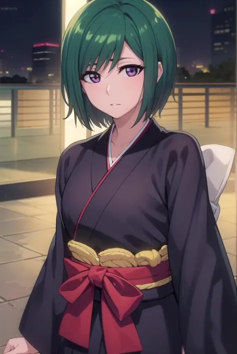 nozomikujo, <lora:nozomikujo-lora-nochekaiser:1>,
nozomi, short hair, green hair, (purple eyes:1.1),
BREAK nozomishinigami, japanese clothes, kimono, hakama, black kimono, black hakama,
BREAK looking at viewer, full body,
BREAK outdoors, night,
BREAK <lyco:GoodHands-beta2:1>, (masterpiece:1.2), best quality, high resolution, unity 8k wallpaper, (illustration:0.8), (beautiful detailed eyes:1.6), extremely detailed face, perfect lighting, extremely detailed CG, (perfect hands, perfect anatomy),