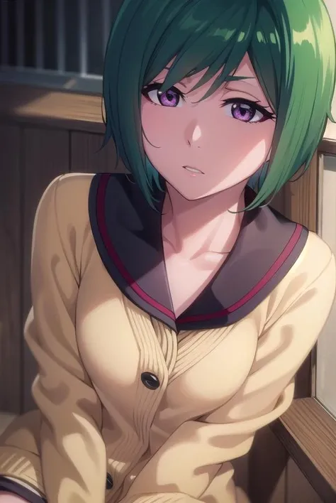 mature female, mature, Adult, himeno, himeno(Chainsaw Man), black hair, short hair, eyepatch, 1girl 1boy, POV, slut, naughty face, seductive smile, latex purple leotard under the beige coat, aroused, in heat, blush, sweat, pat your crotch, nsfw, Villains, overhead view, crowded subway, navigating, urban environment, masterpiece, 