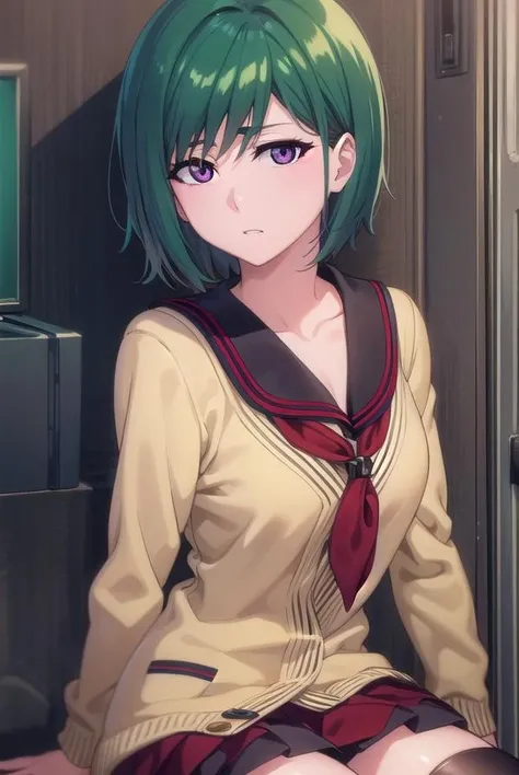 nozomikujo, <lora:nozomikujo-lora-nochekaiser:1>,
nozomi, short hair, green hair, (purple eyes:1.1),
BREAK nozomidefault, thighhighs, school uniform, black thighhighs, sailor collar, zettai ryouiki, cardigan,
BREAK looking at viewer, full body,
BREAK outdoors, night,
BREAK <lyco:GoodHands-beta2:1>, (masterpiece:1.2), best quality, high resolution, unity 8k wallpaper, (illustration:0.8), (beautiful detailed eyes:1.6), extremely detailed face, perfect lighting, extremely detailed CG, (perfect hands, perfect anatomy),
