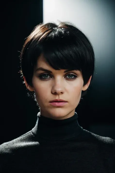 portrait of the wo_melclarke03, head and shoulder shot, short hair with bangs,wearing black dress with turtleneck,black background, global illumination, high details, UHD, RAW, HDR effect, beautiful, aesthetic, perfect lighting, <lora:woMelClarke03:0.85>