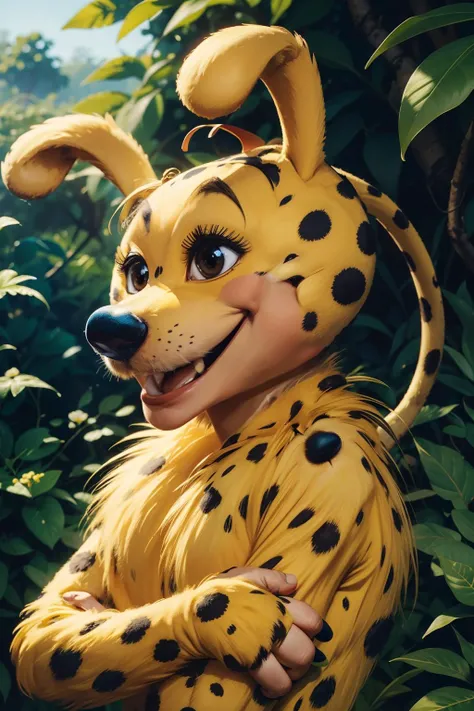 Marsupilamie, yellow fur, black dot, long tail, flower on the top of the head, looking at viewer, smiling,
jungle background, extreme detail, hdr, realistic quality, <lora:Marsupilamie:.7>