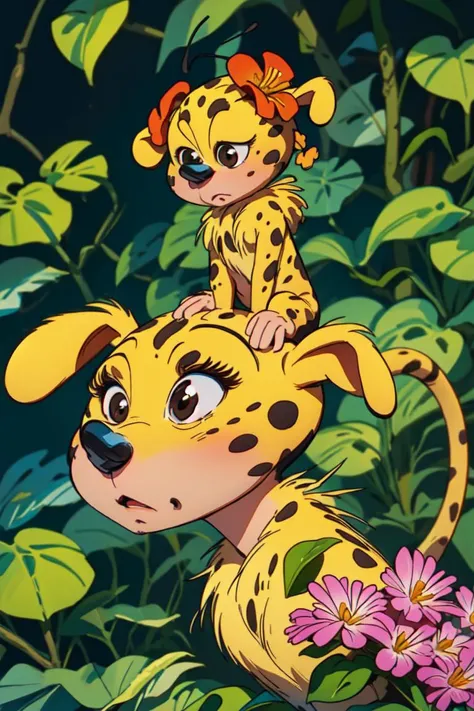 ((best quality)), ((masterpiece)), (detailed),(high-resolution:1.2), jungle background, action scene
Marsupilamie, yellow fur, black dot, long tail, flower on the top of the head