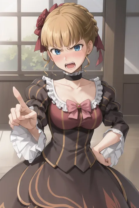 beatrice \(umineko\), 1girl,((beatrice2)),standing,
((masterpiece)), (best quality), (detailed),polka dot bow,(angry, mad:1.2), pointing at viewer, hand on hip, pov,full face blush