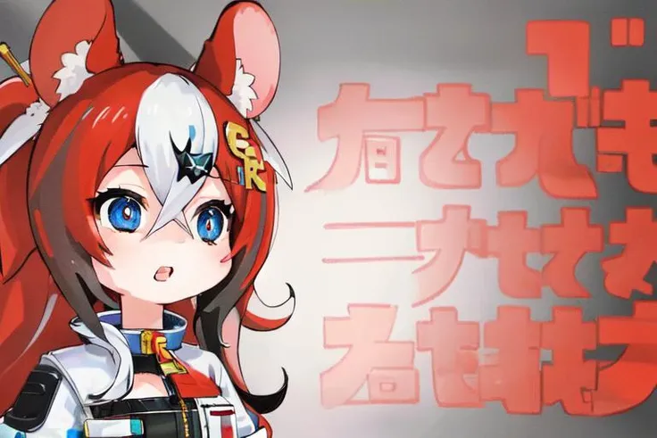 anime girl with red hair and blue eyes in front of a red and white background