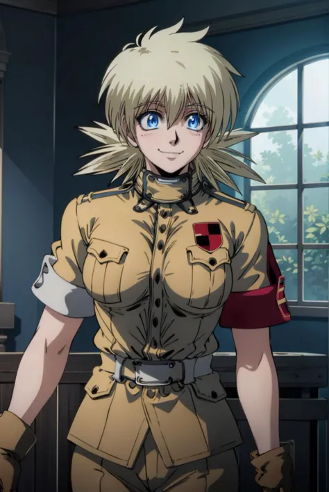 hatsune miku, solo, blonde hair, blue eyes, military uniform, gloves, breasts, waving, smile <lora:serasvictorianova-10:1>