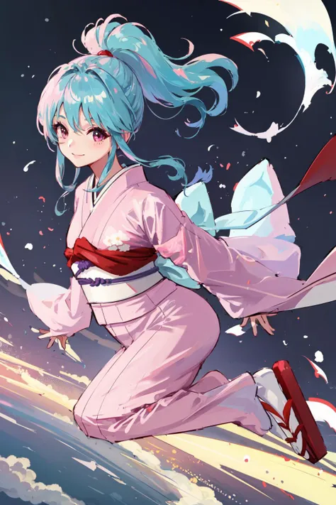 1girl, solo, 1girl,pink kimono,japanese clothes,sleeves past wrists, smile, dynamic angle, masterpiece, best quality, colorful, <lora:botan:0.7>
