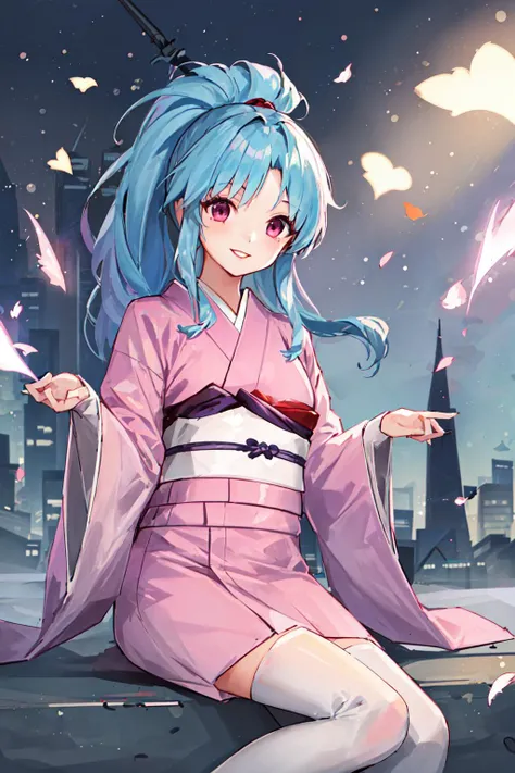 1girl, solo, 1girl,pink kimono,japanese clothes,sleeves past wrists, smile, dynamic angle, masterpiece, best quality, colorful, <lora:botan:0.7>