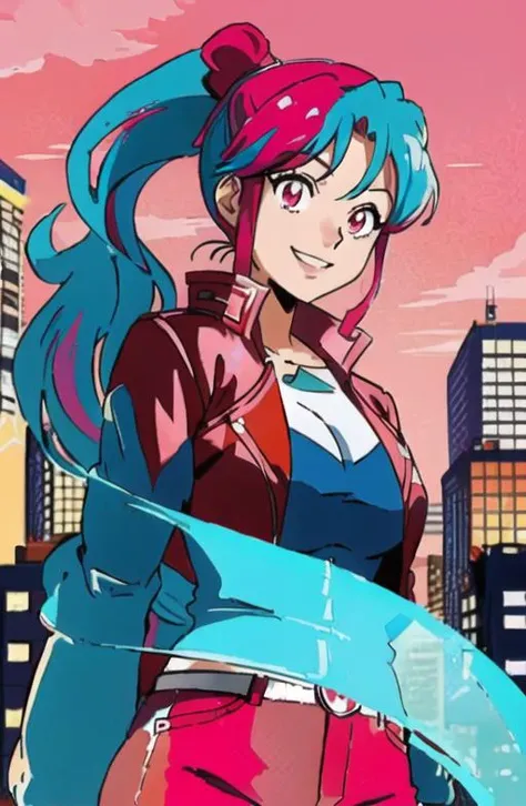 <lora:botan:.5>, ((1girl, illustration, red jacket, anime, blue jeans, highest quality, best quality, masterpiece, red jacket, smile)), (((cyan hair, pink eyes, ponytail))), city background, night time, solo
<lora:gigantic_breasts:.4> gigantic breasts, hyperbreasts