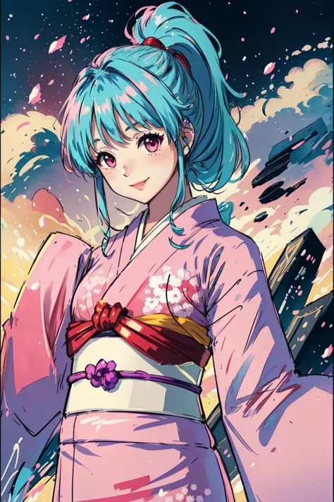 1girl, solo, 1girl,pink kimono,japanese clothes,sleeves past wrists, smile, dynamic angle, masterpiece, best quality, colorful,  <lora:botan:0.7>