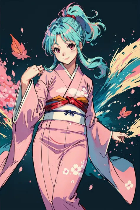 1girl, solo, 1girl,pink kimono,japanese clothes,sleeves past wrists, smile, dynamic angle, masterpiece, best quality, colorful, <lora:botan:0.7>