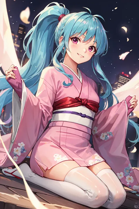 1girl, solo, 1girl,pink kimono,japanese clothes,sleeves past wrists, smile, dynamic angle, masterpiece, best quality, colorful, <lora:botan:0.7>