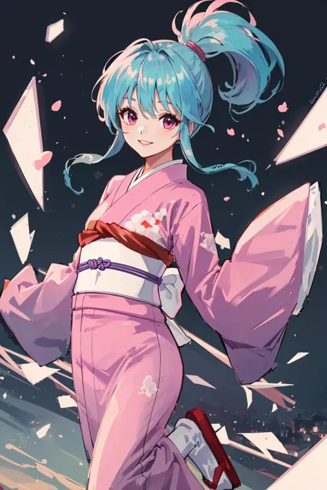 1girl, solo, 1girl,pink kimono,japanese clothes,sleeves past wrists, smile, dynamic angle, masterpiece, best quality, colorful, <lora:botan:0.7>