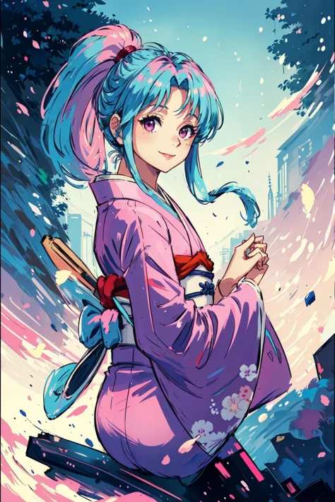1girl, solo, 1girl,pink kimono,japanese clothes,sleeves past wrists, smile, dynamic angle, masterpiece, best quality, colorful, <lora:botan:0.7>