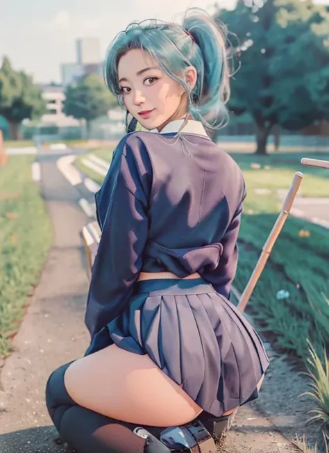 school_uniform, serafuku, blue_skirt, blue_shirt, <lora:botanYuYuHakusho_v10:0.7> crawling, all_fours, looking_back, bush, weeds, pov, from_behind,, seductive_smile,, (masterpiece:1.3), (best_quality:1.3), (ultra_detailed:1.3), 8k, extremely_clear, realism, (ultrarealistic:1.3),, 1boy, solo, wide_shot, <lora:botanYuYuHakusho_v10:0.95> ,