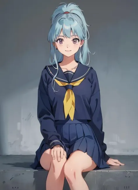 masterpiece, best quality,1girl,smile,chool uniform, serafuku,blue skirt,blue shirt,grey background, (kbxll:0.6) , <lora:botanYuYuHakusho_v10:0.95> ,