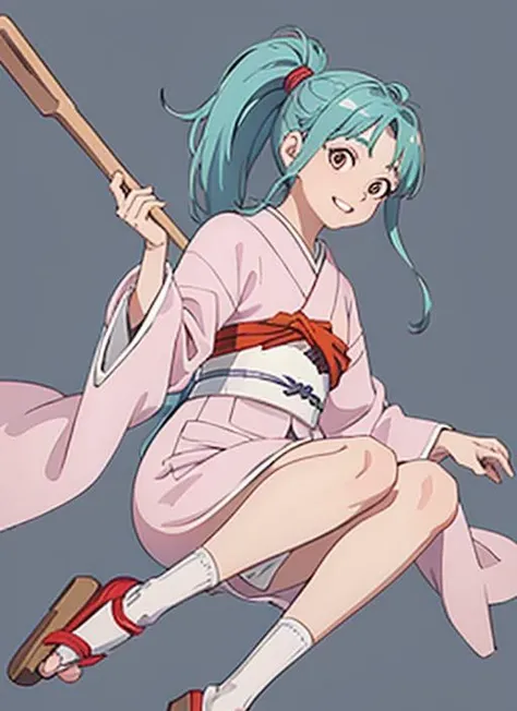 masterpiece, best quality,1girl, smile,close mouth,(broom riding:1.2), clogs, socks,broom,japanese clothes,long clothes, kimono,grey background  , <lora:botanYuYuHakusho_v10:0.95> ,