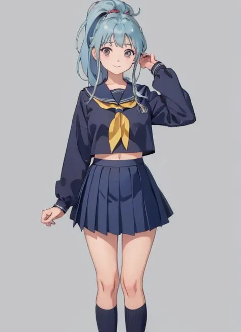masterpiece, best quality,1girl,smile,chool uniform, serafuku,blue skirt,blue shirt,grey background, (kbxll:0.6) , <lora:botanYuYuHakusho_v10:0.95> ,