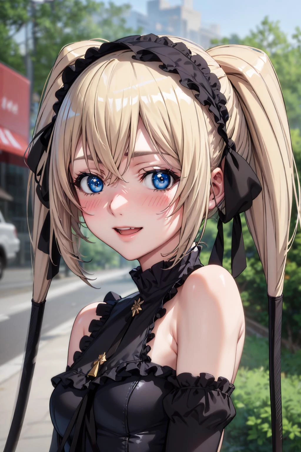 (best quality:1.1), (masterpiece:1.4), (absurdres:1.0), portrait, close-up,
1girl, ekaterina kurae, twintails, low-tied_long_hair, hair ends, very long hair, blonde hair, flat chest, blue eyes, black dress, maid headdress, neck ribbon, looking at viewer, outdoors, (blush:1.2), city, smile,
<lora:Kizuki - Seikon no Qwaser - Ekatarina Kurae:0.95>