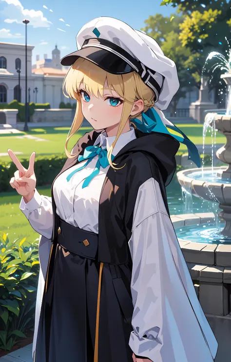 1gril, (solo:1.3), fountain, fences, outdoors, cloak, hat tip, toki(blue archive), medium breasts, blonde hair, braids, folded ponytail, hair ribbon, <lora:tokiBlueArchive_v10:0.7:FACE>,