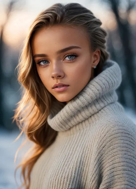 Anna Zak, beautiful girl wearing a thin athletic sweater, glamourous hair, depth of field, bokeh, morning in the snow, (masterpiece) (best quality) (detailed) (8k) (wallpaper) (cinematic lighting) (sharp focus) (intricate), dynamic lighting, vivid
