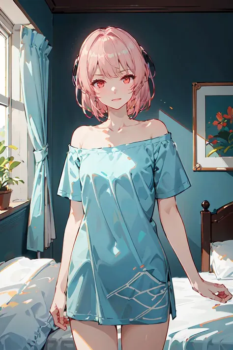 futiyaCB, aqua_shirt, short sleeves, off shoulder, collarbone, bare shoulders, small breasts, pink_hair, short_hair, red_eyes, 1girl, solo,standing, looking at viewer, cowboy shot, day, dappled sunlight, bedroom, (masterpiece,best quality,beautiful and aesthetic:1.2), <lora:futiyaCB-V1.1:0.7>