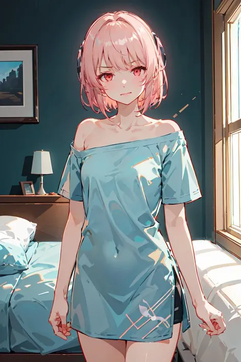 futiyaCB, aqua_shirt, short sleeves, off shoulder, collarbone, bare shoulders, small breasts, pink_hair, short_hair, red_eyes, 1girl, solo,standing, looking at viewer, cowboy shot, day, dappled sunlight, bedroom, (masterpiece,best quality,beautiful and aesthetic:1.2), <lora:futiyaCB-V1.1:0.7>