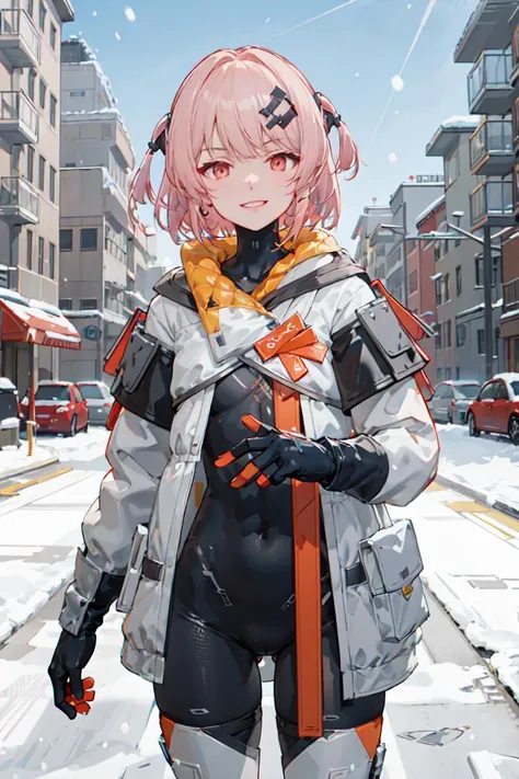 futiyaCB, white_jacket, bodysuit, gloves, boots, badge, hair_ornament, pink_hair, short_hair, red_eyes, 1girl, cowboy shot, looking at viewer, light smile, solo, day, dappled sunlight, outdoors, park, snowing, snow, blue sky, (masterpiece,best quality,beautiful and aesthetic:1.2), <lora:futiyaCB-V1.1:0.7>