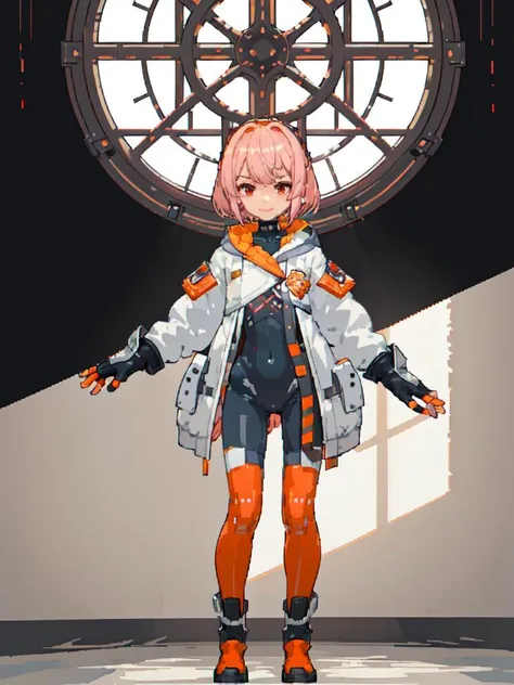 futiyaCB, white_jacket, bodysuit, gloves, boots, badge, hair_ornament, pink_hair, short_hair, red_eyes, 1girl, solo,standing, looking at viewer, naughty face, cowboy shot, day, dappled sunlight, bedroom, window, (masterpiece,best quality,beautiful and aesthetic:1.2), <lora:futiyaCB-V1.1:0.7> <lora:pixel_5:0.5>