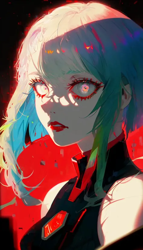 <lora:lucy-000035:0.7> <lora:beautifulDetailedEyes_v10:1> lucy \(cyberpunk\), ((masterpiece)), ((ultra-detailed)), pixiv, best shadows, best lighting, best quality, cinematic shot, rim lighting, 1girl, solo, short hair, makeup, red lips, bangs, looking at viewer, multicolored hair, red eyeliner, cyberpunk, multicolored eyes, bare shoulders, portrait