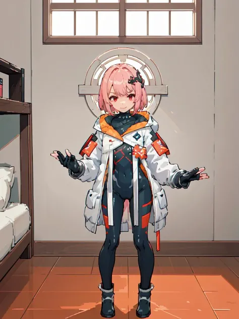 futiyaCB, white_jacket, bodysuit, gloves, boots, badge, hair_ornament, pink_hair, short_hair, red_eyes, 1girl, solo,standing, looking at viewer, naughty face, cowboy shot, day, dappled sunlight, bedroom, (masterpiece,best quality,beautiful and aesthetic:1.2), <lora:FUTIYA-1129-1-000007:0.6> <lora:pixel_5:0.4>