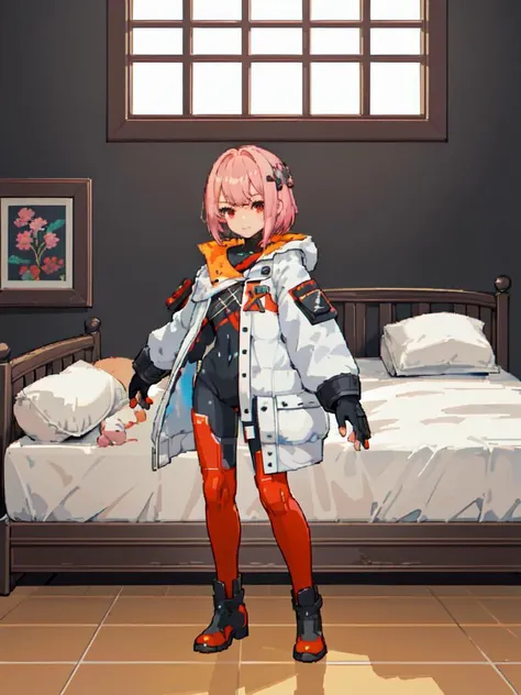 futiyaCB, white_jacket, bodysuit, gloves, boots, badge, hair_ornament, pink_hair, short_hair, red_eyes, 1girl, solo,standing, looking at viewer, day, dappled sunlight, bedroom, window, (masterpiece,best quality,beautiful and aesthetic:1.2), <lora:futiyaCB-V1.1:0.6> <lora:pixel_5:0.5>