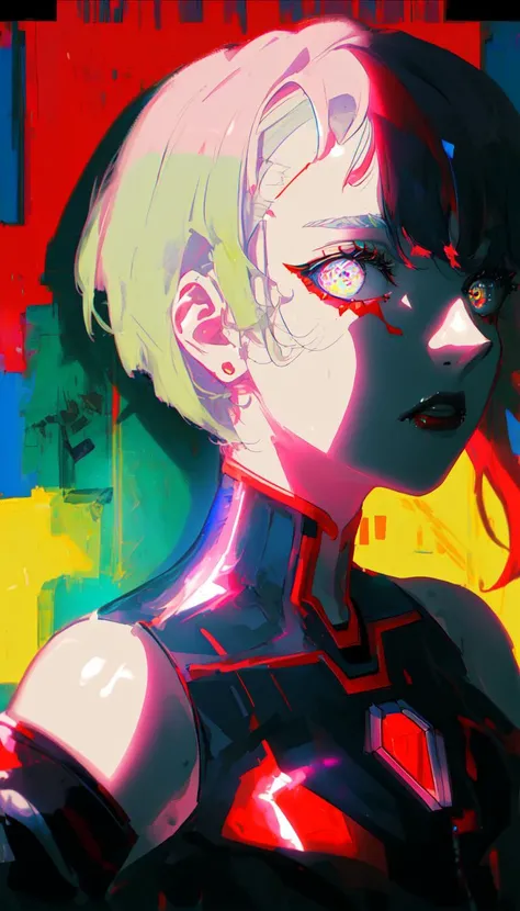 <lora:lucy-000035:0.7> <lora:beautifulDetailedEyes_v10:1> lucy \(cyberpunk\), ((masterpiece)), ((ultra-detailed)), pixiv, best shadows, best lighting, best quality, cinematic shot, rim lighting, 1girl, solo, short hair, makeup, red lips, bangs, looking at viewer, multicolored hair, red eyeliner, cyberpunk, multicolored eyes, bare shoulders, portrait