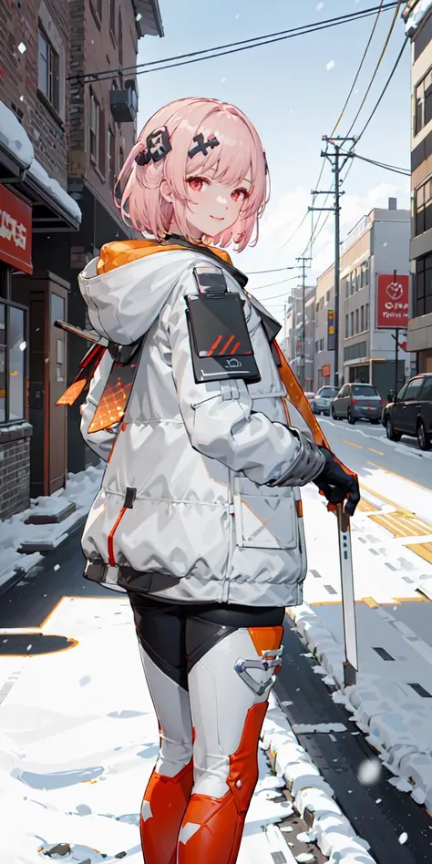 futiyaCB, from behind, looking back, white_jacket, bodysuit, gloves, boots, badge, hair_ornament, pink_hair, short_hair, red_eyes, 1girl, cowboy shot, looking at viewer, light smile, solo, day, dappled sunlight, outdoors, window, city, street, snowing, snow, snowman, blue sky, , (masterpiece,best quality,beautiful and aesthetic:1.2), <lora:futiyaCB-V1.1:0.7>