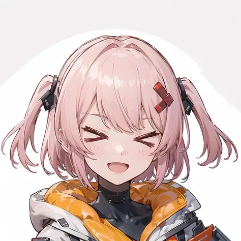 1girl, close-up, portrait, (chibi inset:1.2), (masterpiece, best quality),open mouth, smile, <lora:FUTIYA-1129-1:0.7> ,futiyaCB, white_jacket, bodysuit, badge, hair_ornament, pink_hair, short_hair, <lora:hotarueye_comic1_type3:0.7>
