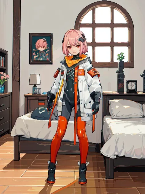 futiyaCB, white_jacket, bodysuit, gloves, boots, badge, hair_ornament, pink_hair, short_hair, red_eyes, 1girl, solo,standing, looking at viewer, naughty face, day, dappled sunlight, bedroom, window, (masterpiece,best quality,beautiful and aesthetic:1.2), <lora:futiyaCB-V1.1:0.7> <lora:pixel_5:0.5>