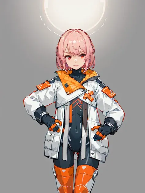 futiyaCB, white_jacket, bodysuit, gloves, boots, badge, hair_ornament, pink_hair, short_hair, red_eyes, 1girl, solo,standing, looking at viewer, naughty face, cowboy shot, day, dappled sunlight, bedroom, (masterpiece,best quality,beautiful and aesthetic:1.2), <lora:FUTIYA-1129-1-000007:0.65> <lora:pixel_5:0.4>