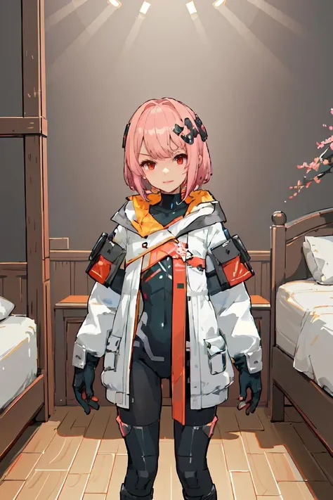 futiyaCB, white_jacket, bodysuit, gloves, boots, badge, hair_ornament, pink_hair, short_hair, red_eyes, 1girl, solo,standing, looking at viewer, naughty face, cowboy shot, day, dappled sunlight, bedroom, (masterpiece,best quality,beautiful and aesthetic:1.2), <lora:FUTIYA-1129-1-000007:0.65> <lora:pixel_5:0.4>