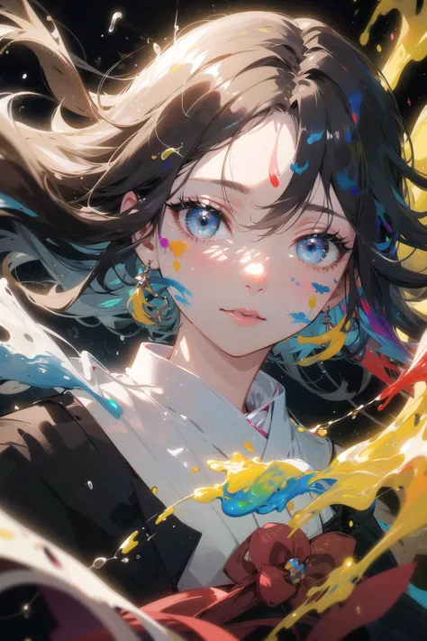 <lora:眼睛双:0.5>, ((masterpiece)), ((ultra-detailed)), black hair, brown eyes, close up, eye close up, (pixiv), (((Mai Yoneyama, Yoneyamai))), best shadows, best lighting, ((best quality)), cinematic shot, rim lighting, solo, colorful, pastel colors, vivid impactful, long hair, 1girl, portrait, floating hair, (highly detailed face:1,5), realistic hair, little hairs, hair fuzz, wavy hair, movement, 8k, closed mouth, (highly detailed eyes:1), eye reflection, illustration, light skin wrinkles, gorgeous scenery, eye focus, face focus, beautiful eyelashes, realistic eyes, ((rainbow colors)), ((paint splash, paint, paint brush, Japanese paint, Japanese ink, paint splat, girl made out of paint)), ((dynamic hair movement)), vibrant, colorful, magical, (intricate detail), paint everywhere, face paint, amazing face paint pattern