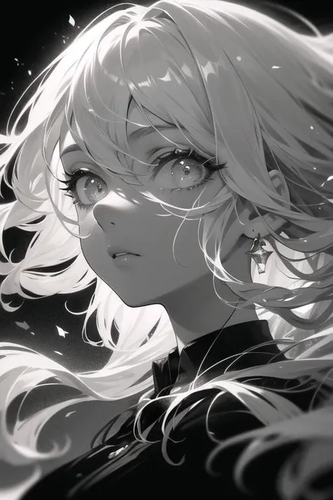 ((masterpiece)), ((ultra-detailed)), close up, eye close up, pixiv, Mai Yoneyama, Yoneyamai, best shadows, best lighting, ((best quality)), cinematic shot, rim lighting, solo, monochrome, greyscale, long hair, 1girl, portrait, floating hair, (highly detailed face), realistic hair, little hairs, hair fuzz, wavy hair, movement, 8k, closed mouth, (highly detailed eyes:1), eye reflection, illustration, light skin wrinkles, gorgeous scenery, eye focus, face focus, beautiful eyelashes, realistic eyes,