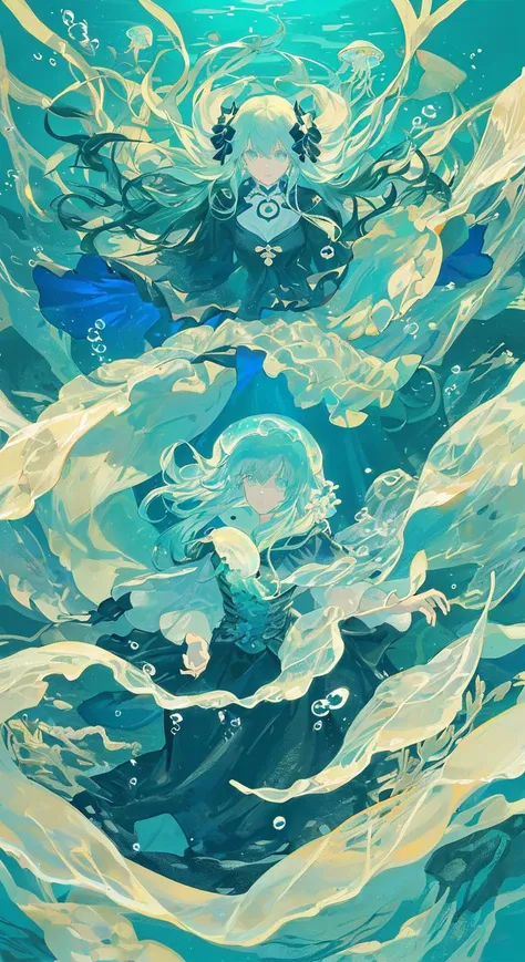 ((masterpiece,best quality)),(negative space:1.2),(1girl, solo:1.4),beautiful detailed eyes,floating hair, underwater, bubble, fish, (jellyfish), fluorescence,sea turtle, seaweed,