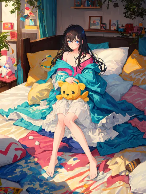 ((masterpiece, best quality)), (negative space), (1girl, solo), realism, beautiful detailed eyes, colorful, vivid color, looking at viewer, long hair, messy hair, small breasts, messy room, stuffed toy, toy, pillow, blanket, cushion, no shoes, open clothes,