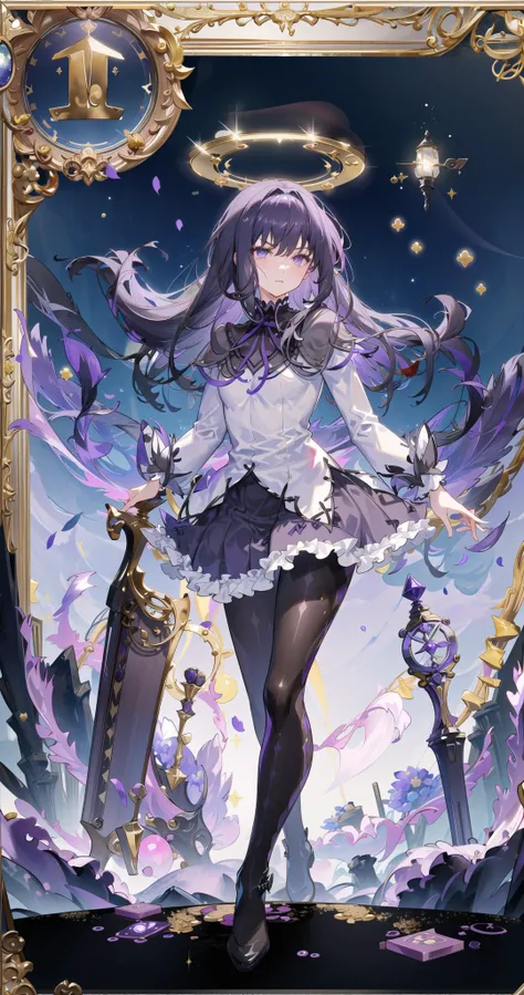 ((masterpiece,best quality)),(1girl, solo:1.4),beautiful detailed eyes, vivid, cinematic light, full_body, purple_flowers, (tarot_card), intricate, detailed background, looking_at_viewer, Homura Akemi, scowling, (flat chest), (walking), casual pose, (black pantyhose), posing, black feather, clockwork, celestial, moon, glimmer, shimmer, glitter, by alphonse mucha, (gold frame), halo, <lora:HomuraAkemi:1.2>, tarot border)