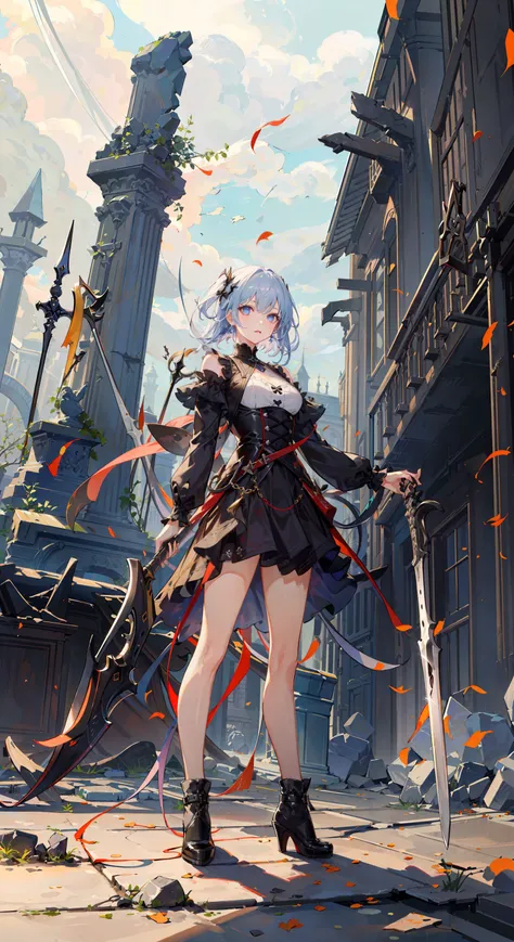 ((masterpiece,best quality)),(1girl, solo:1.4),beautiful detailed eyes, vivid,stone, ruins, (broken sword on the ground), broken weapon, runny makeup,