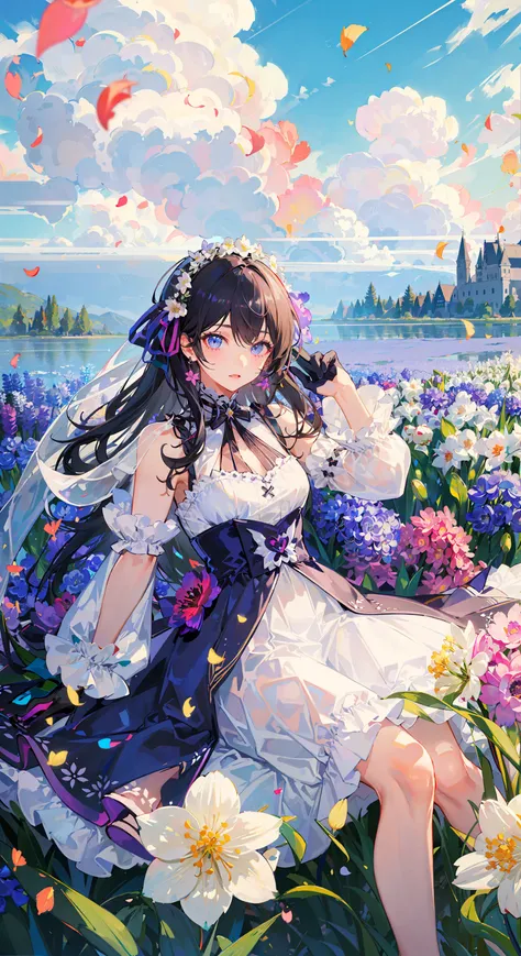 ((masterpiece,best quality)),(1girl, solo:1.4),beautiful detailed eyes, vivid, cloudy sky, flower, anemone \(flower\), daffodil, hyacinth,falling petals,