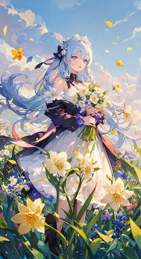 ((masterpiece,best quality)),(1girl, solo:1.4),beautiful detailed eyes, vivid, cloudy sky, flower, anemone \(flower\), daffodil, hyacinth,falling petals,