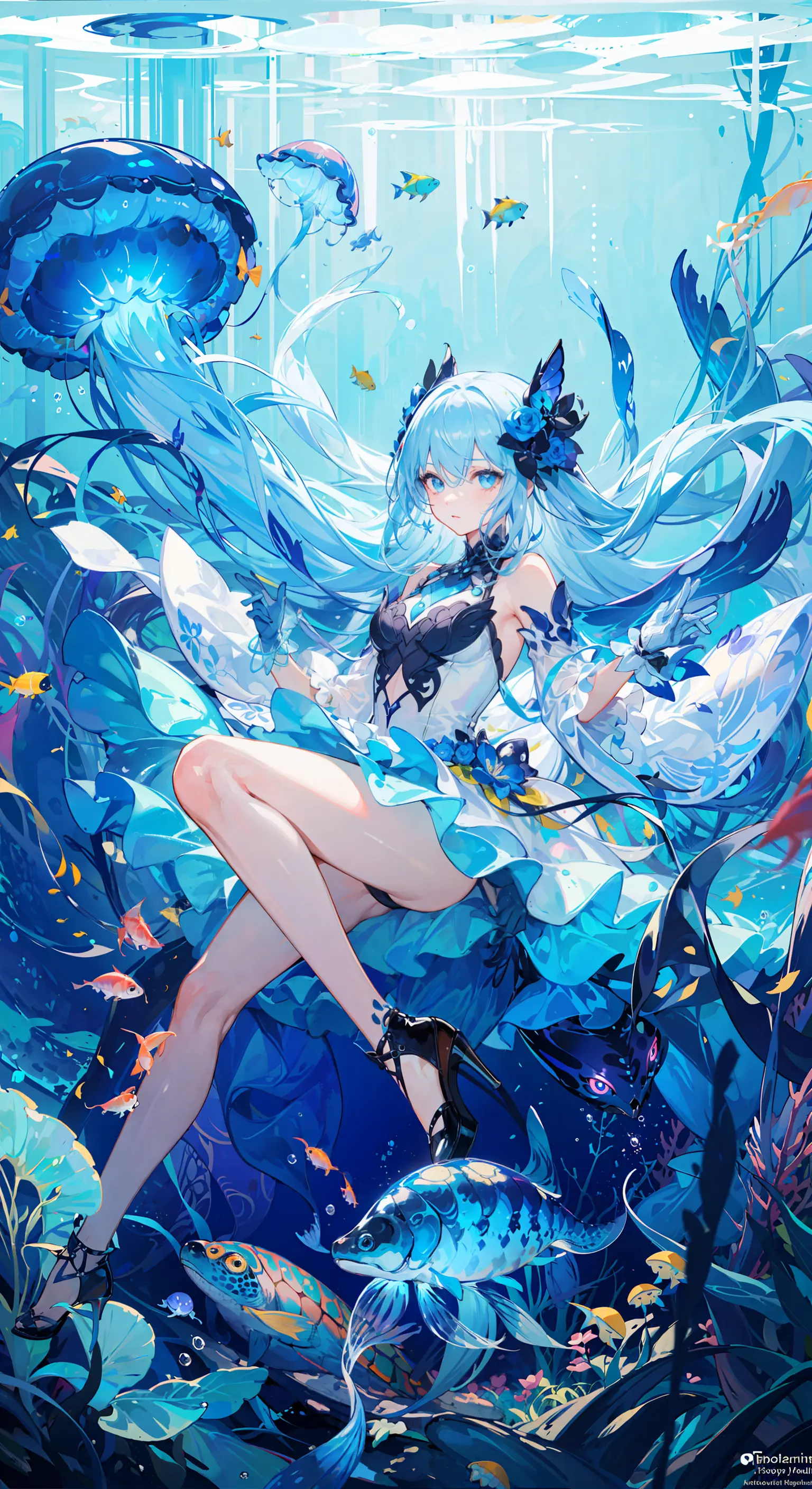 ((masterpiece,best quality)),(negative space:1.2),(1girl, solo:1.4),beautiful detailed eyes,floating hair, underwater, bubble, fish, (jellyfish), fluorescence,sea turtle, seaweed,