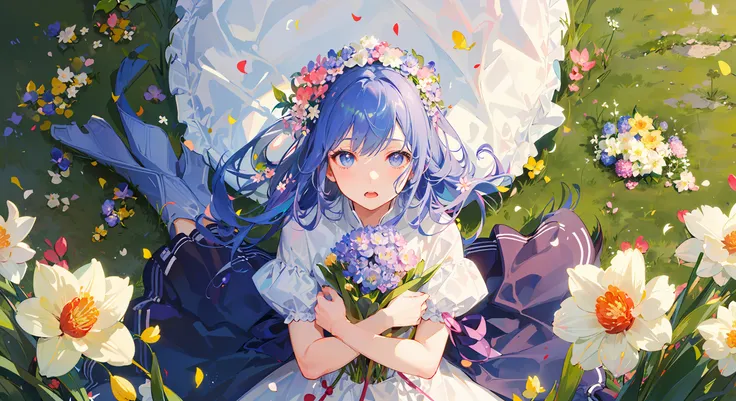 ((masterpiece,best quality)),(1girl, solo:1.4),negative space:1.3,from above,beautiful detailed eyes, vivid, cloudy sky, flower, anemone \(flower\), daffodil, hyacinth,falling petals,sanshoku dango, hanami, picnic, incoming kiss, incoming hug,